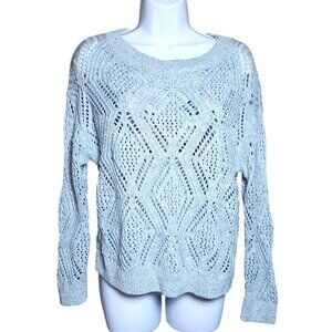 Women's Old Navy Blue Heathered Crochet Knit Sweater Small Cotton Blend Blouse